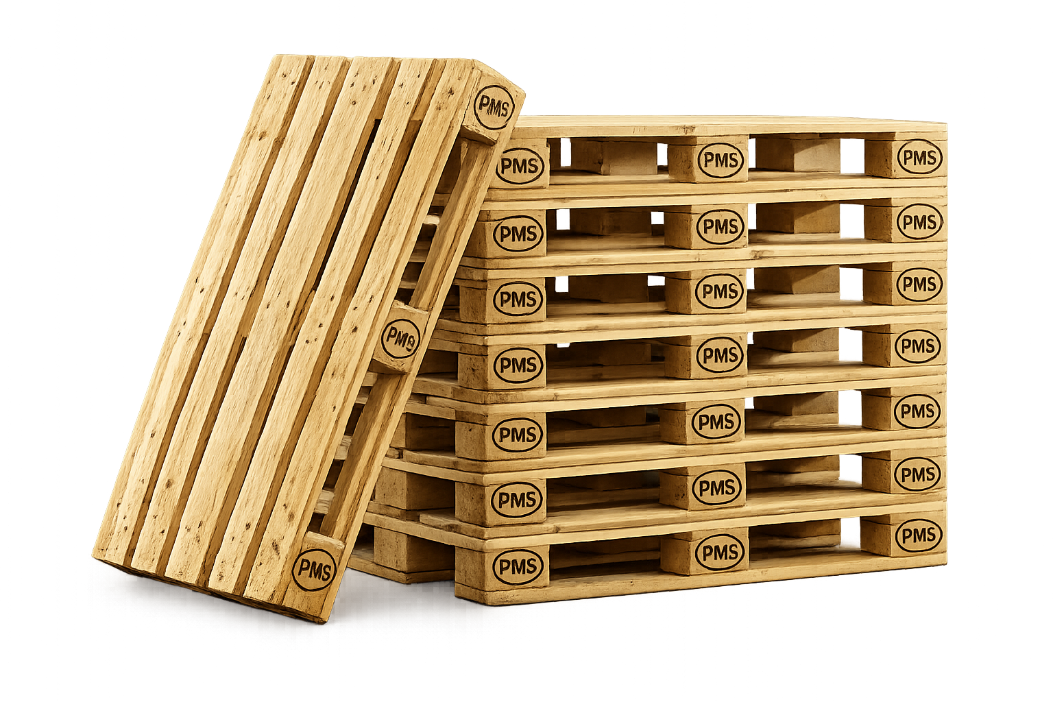 Stacked wooden pallets by PMS Pack Solutions