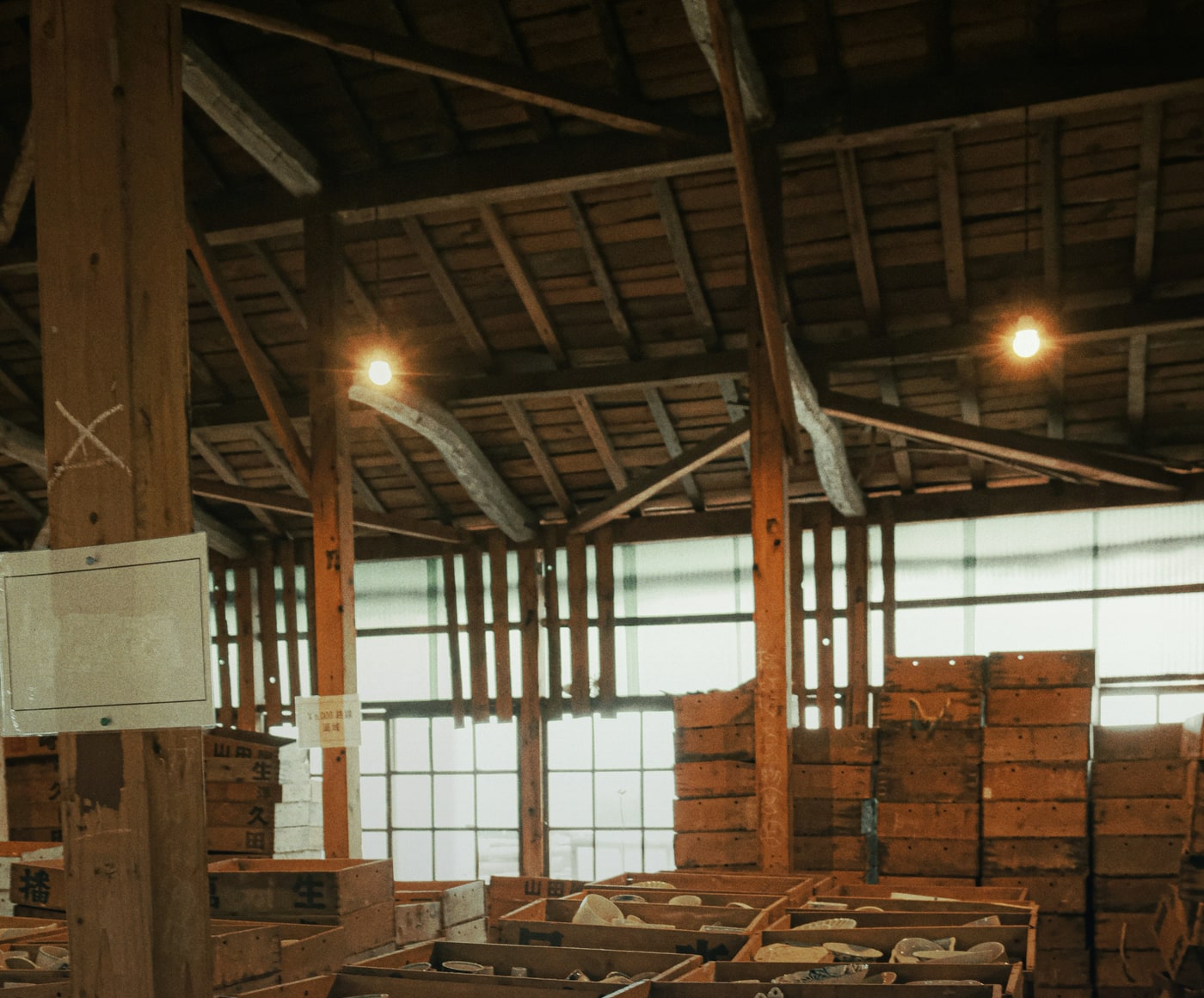Timber material stored indoors before processing